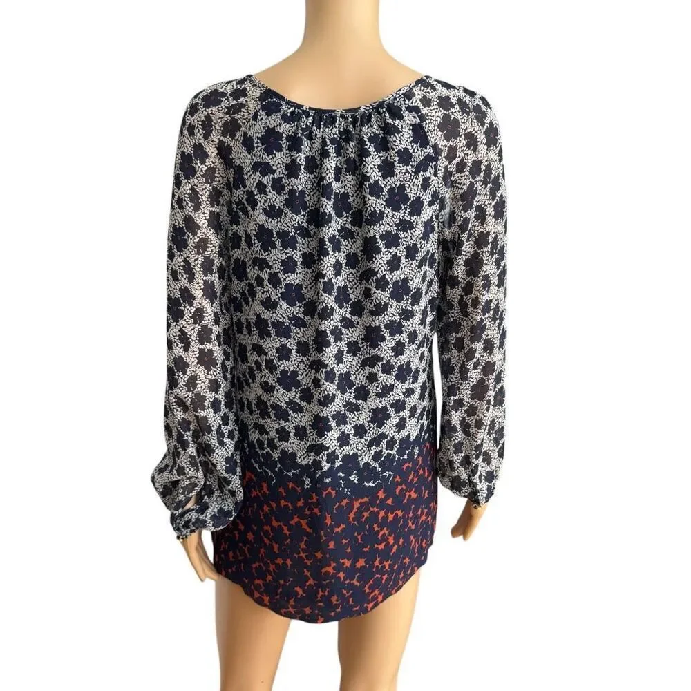 TORY BURCH 100% silk Floral Print blouse with Semi See Through Long Sleeve Sz 6
